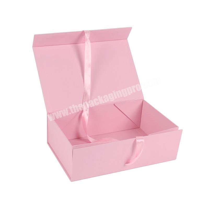 Luxury pink magnetic paper folding gift packaging box with ribbon